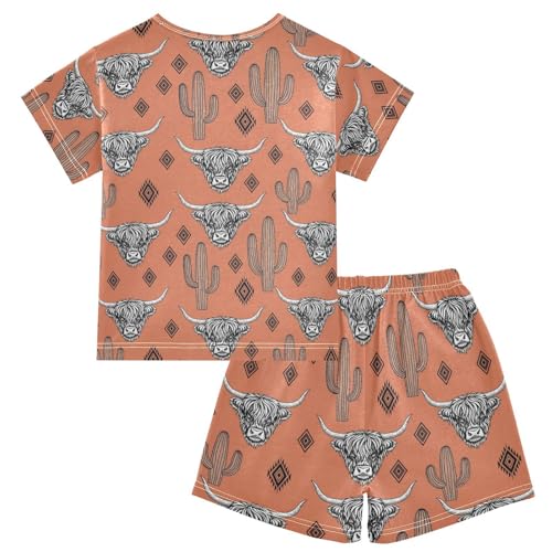 Pajama Short Sets Western Cow Cactus Pattern Soft Cotton Summer Sleepwear 2 Piece PJS Size 5-14T2