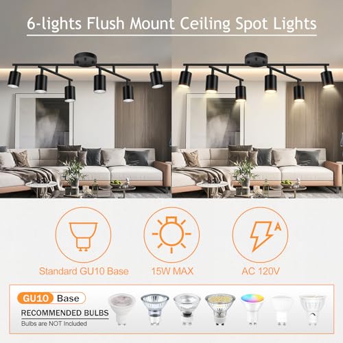 BoostArea 6 Light Track Lighting Kit, Black 6 Way Ceiling Spot Lighting, Center Swivel Track Light Heads, Flexibly Rotatable Light Head for Kitchen, Living Room, Bedroom, GU10 Bulb Not Included by BoostArea - Image 3