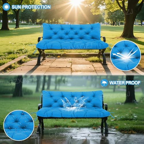 Image of Durable Porch Swing Cushions 60 inch Extra 5 inch Thick Waterproof Outdoor Swing Cushions 3 Seater Replacement with Backrest and 8 Ties Not Easy to Fade Swing Cushion for Outdoor Furniture Patio