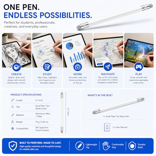 Image of Mizi 2-in-1 Stylus Pen for Touch Screens (Fibre + Fibre), High Precision Dual Fibre Tips, Universal Stylus for iPhone, iPad, Android Tablets, Samsung, Microsoft Surface - White