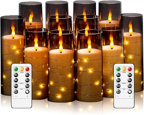 Image of LTETTES Acrylic Fiber Glass Led Candles Set of 12 | Embedded Star String Lights | Flickring Wick | 2 AA Battrey Operated with Remote | Home Decor & Festival | H 5.5'', 6.5'', 7.5'' x D 2.3'' | Grey