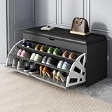 Banco de zapatos de entrada con asiento acolchado, banco de almacenamiento de zapatos de madera con puertas, armario de almacenamiento de zapatos oculto con cajón abatible para pasillo (80 x 30 x 50