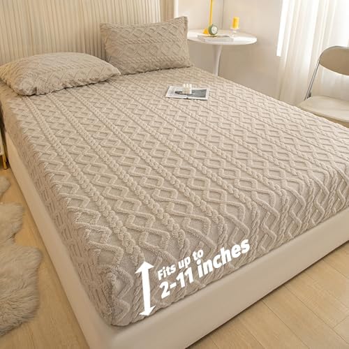 Elastic Bed Sheets, Flannel Velvet Bed Sheet Winter Super Soft Warm Bedspread Deep Pocket (Beige,Queen)