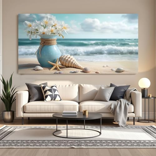 PHOMMODITIAS Ocean Canvas Wall Art for Living Room Wall Decor for Bedroom Office Blue Ocean Beach Starfish White Flower Coastal Seascape Seaside Contemporary Home Artwork