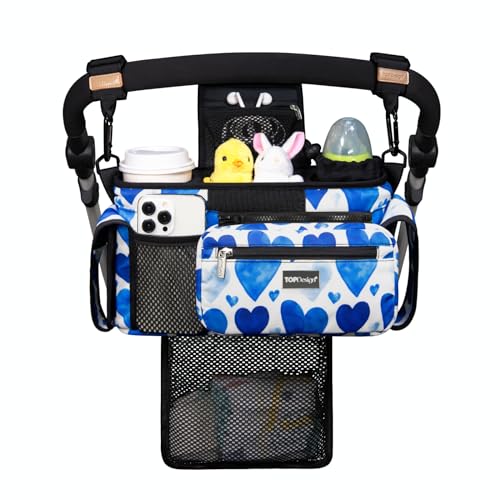 Image of TOPDesign Universal Baby Stroller Organizer, Stroller Caddy with Detachable Mesh Bag & Heightened Insulated Cup Holders & Non-Slip Secure Hooks Accessories, Fits Most Strollers (Love)