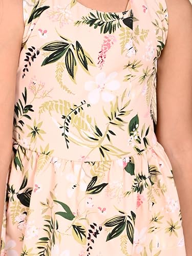 Image of LILPICKS Floral Printed Sleeveless Criss Cross Back Fit n Flare DressFor Girls (Beige)