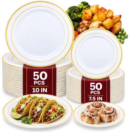 Aya's Cutlery Kingdom 100 assiettes plastique blanc or, ensemble 50+50