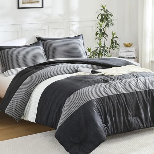 Litanika Full Size Comforter Sets Black White Grey - 3 Pieces Lightweight Bedding Set, All Season Down Alternative Comforter (1 Comforter, 2 Pillowcases)