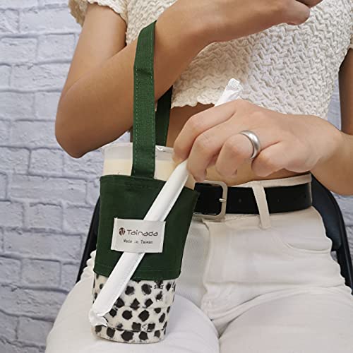 Image of Portable Coffee & Boba Cup Holder Strap (2 Pcs Set) (Dark Green) | Tainada Eco Friendly Foldable Hot & Cold Drink Carrier for Take Out; Ideal for Walking & Shopping; 1 Coaster Included