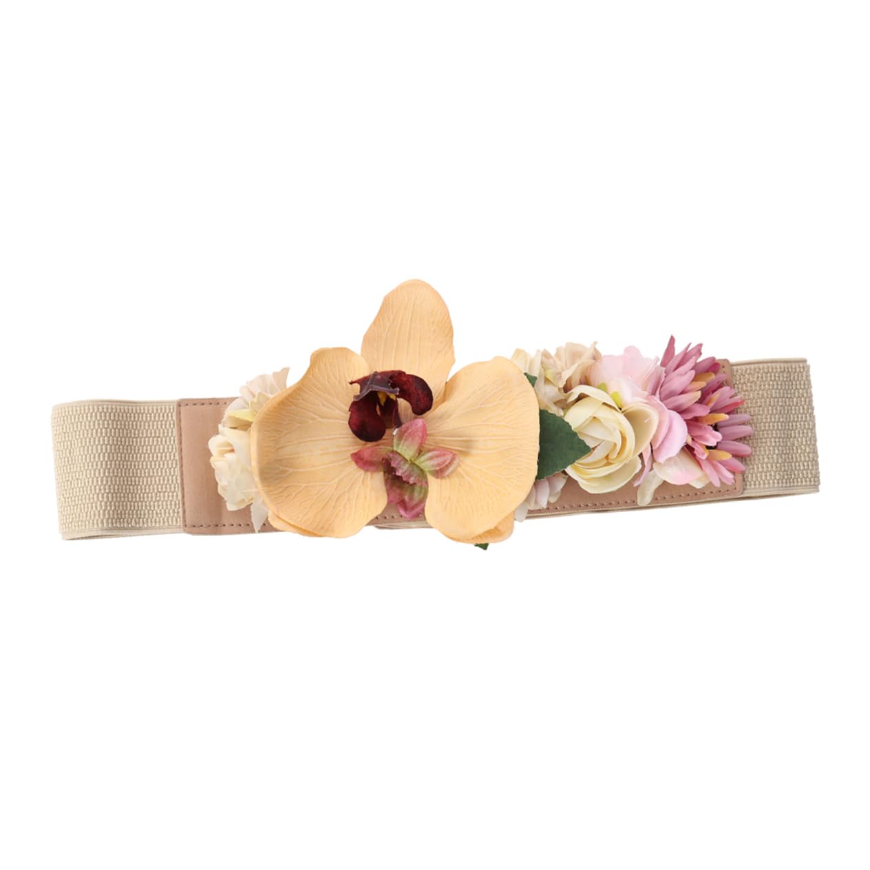 3piezas Cinturón De Flores Artificiales Para Mujer Banda Elástica Ancha Color Khaki Diseño Innovador Para Looks Únicos y Elegantes
