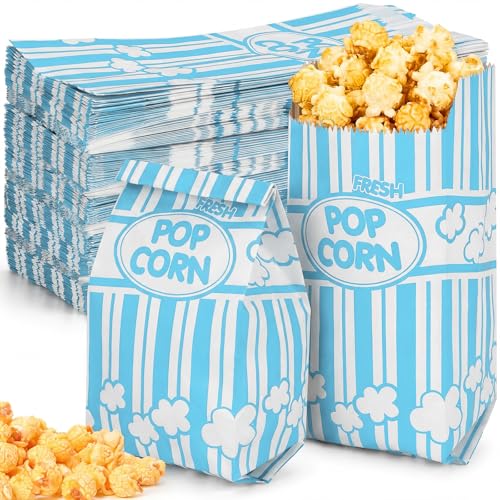 Image of Potchen 300 Pcs Popcorn Paper Bags Disposable Grease Resistant Striped Popcorn Container for Movie Night Carnival Party Theater(Light Blue,1 oz)
