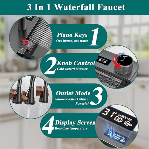 Miniatura 6 de Koogimddr Fregadero De Cocina Con Cascada, 80 45 Cm, Grifo De Cascada Led, Tabla De Cortar Deslizante Y Lavavajillas De Alta Presión, Compacto Y Multifuncional