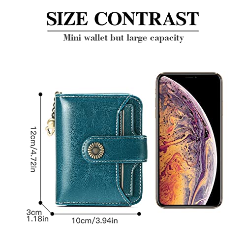 Image of GOIACII Cute Women's Wallets Ladies Leather Billfold Small Peacock Blue | RFID Blocking, Oil Wax Leather, 2 ID Windows, Compact Size, Multiple Card Slots, Zipper Coin Pocket, Bifold Card Holder