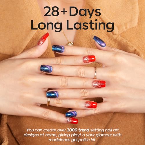 Image of modelones 32 PCS Fall Gel Nail Polish Kit, 28 Colors Cat Eye Glitter Brown Red Orange Gel Polish with Base Coat, Glitter & Glossy & Matte Top Coat Soak Off LED Nail Art Kit Salon at Home