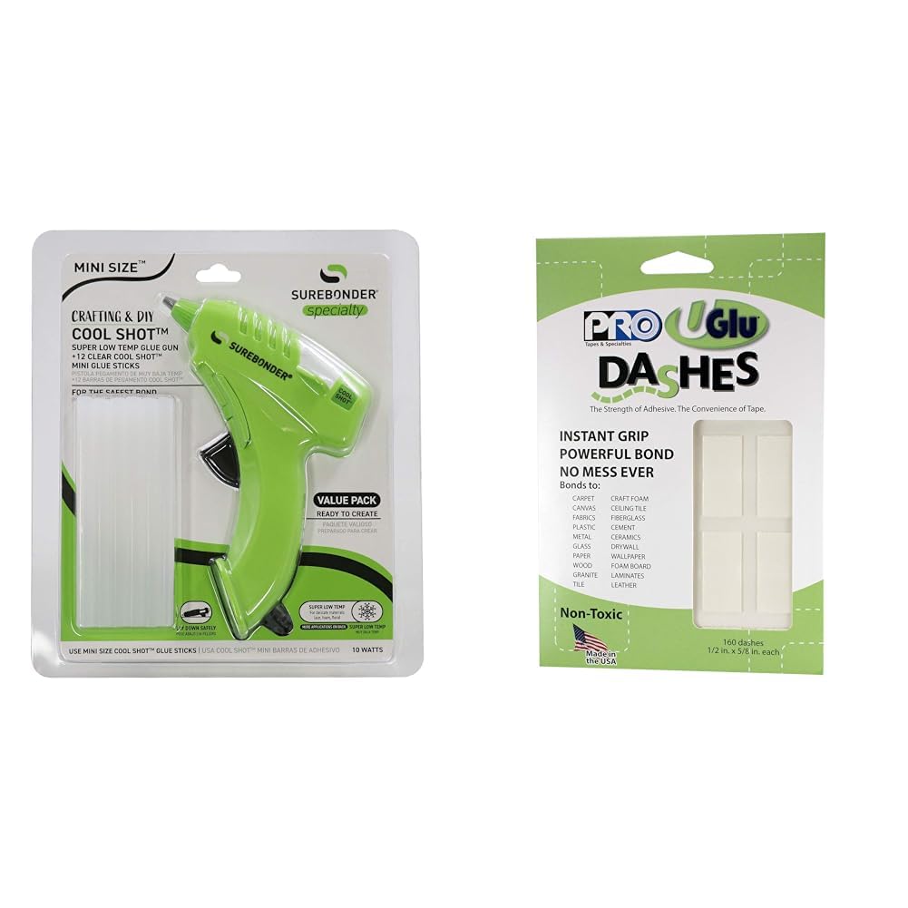 Surebonder10W Ultra Low Temp Mini Glue Gun, Compact, Safe for Paper/Fabric/Foam & PRO Tapes & Specialties 306UGLU600 UGlu Dash Sheets, 1/2 in. x 5/8 in. dashes / 160 dashes per Pack, Clear