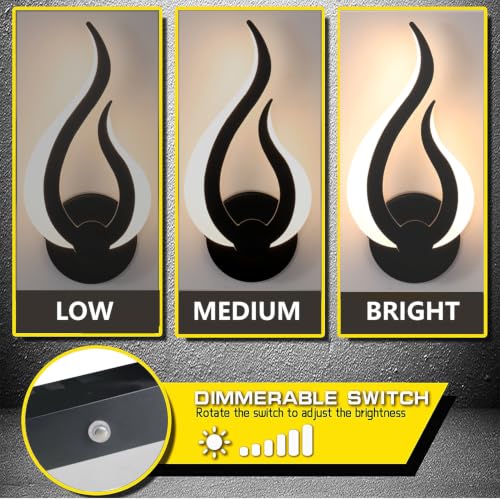 Image of 12W Stepless Dimmable Flame Wall Sconce Built-in Dimmer Switch, 3000K Flicker-Free LED Hardwired Wall Lamp, Black Eye-Caring Decor Wall Light for Indoor Bedroom Hallway