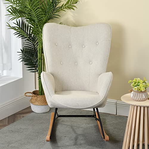 MEUBLE COSY Schaukelstuhl Sessel Schaukelsessel Stillstuhl Schwingstuhl mit Armlehnen Gepolsterter Sitzfläche für Wohnzimmer Schlafzimmer, Balkon, Stoff und Holzkufen, Bis 120 kg Belastbar, Beige