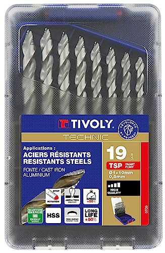 TIVOLY - Coffret 19 Forets Métal Haute Performance HSS Ø1 à 10mm - Perçage des Aciers les plus Courants- Perçages Nets et Agrandissement des Trous - Queue à 3 Méplats