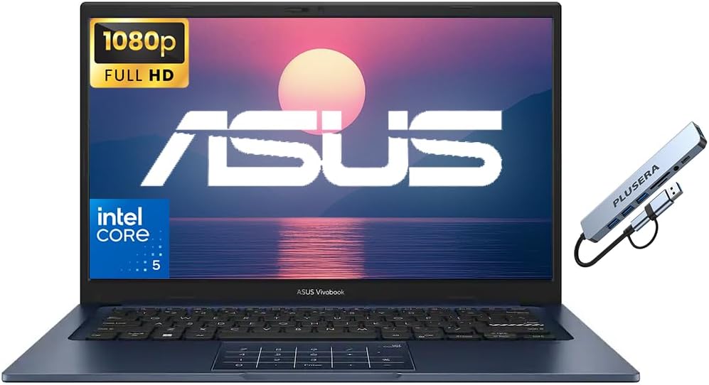 ASUS Vivobook 14 Laptop, 14" FHD Business Laptop Computer, 10-Core Intel Core 5 120U Processor, Windows 11 Laptop 40GB RAM 2TB SSD, Copilot AI Ready, PLUSERA 8-in-1 Hub Included, Quiet Blue