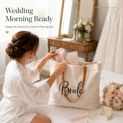 Image of ELEGANTPARK Bride Gifts Bride Tote Bag and Bride Vibes Pouch Set - Large Canvas Wedding Bag with Zipper - Bachelorette Party Bridal Shower Gift, Honeymoon Beach Travel Bag