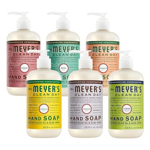 Mrs. MEYER'S O pacote sortido de sabonete para as mãos CLEAN DAY inclui 1 de cada, alecrim + manjericão + gerânio + madressilva + lavanda + limão verbena, (6 unidades)