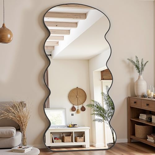 Antok Full Length Mirror, 71"x28" Wavy Mirror Full Length with Stand for Bedroom, Living Room Cloakroom, Black