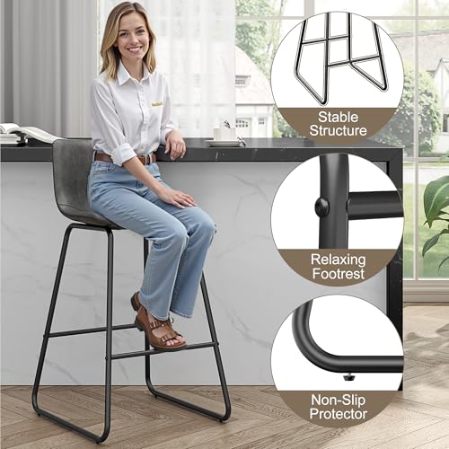 Image of REONEY Bar Stools Set of 2, 26 inch PU Leather Counter Height Barstool, Grey