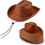 SWHCM 12 Stück Cowboyhüte Western Cowboyhut mit verstellbarem Kordelzug, Schlichter Cowgirlhut für Hochzeit Bühnenauftritt (Braun)