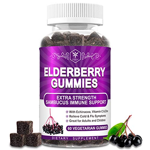 Organic Elderberry Gummies for Adult Kid + Vitamin C, Zinc, Echinacea - Winter Immune Support - Vegan Sambucus Black Elderberry Syrup Chewable Gummy Immune System Booster Antioxidant Herbal Supplement