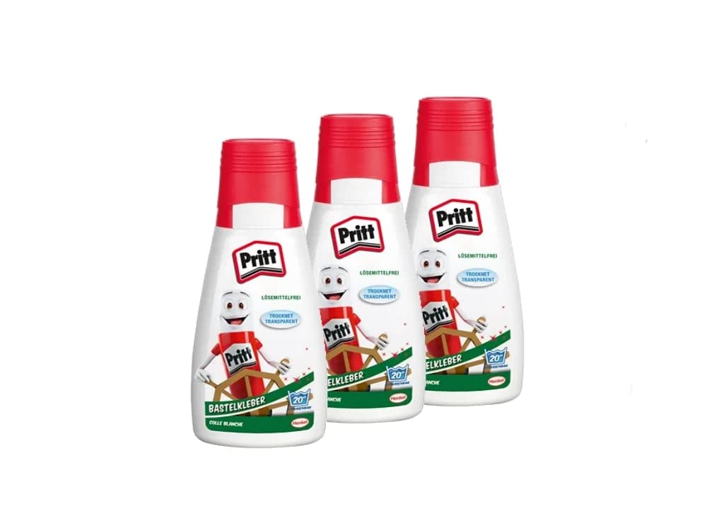 Pritt Bastelkleber, transparent trocknender Alleskleber für Zuhause, Schule oder Büro, weißer Bastelleim für Kinder, 3x100 g, 9H PAKC2