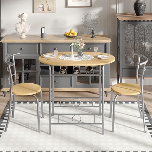 Image of VECELO 3-Piece Dining Table Set for Kitchen Breakfast Nook, Wood Grain Oval Tabletop and Metal Frame with Built-in Wine Rack, for Small Spaces, Natural & Silver