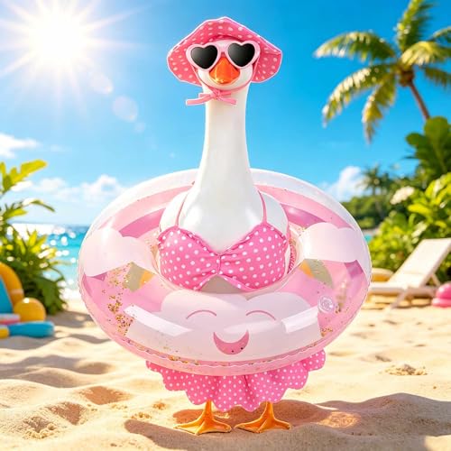 yuboo Hawaiian Porch Goose Outfit for 23 Inch Goose, 5 Piece Summer Bikini Goose Clothes with Swimming Ring, Sunglasses, Hat and Skirt, Pink Goose Statue Outfit for Pool Party Garden Yard Decor