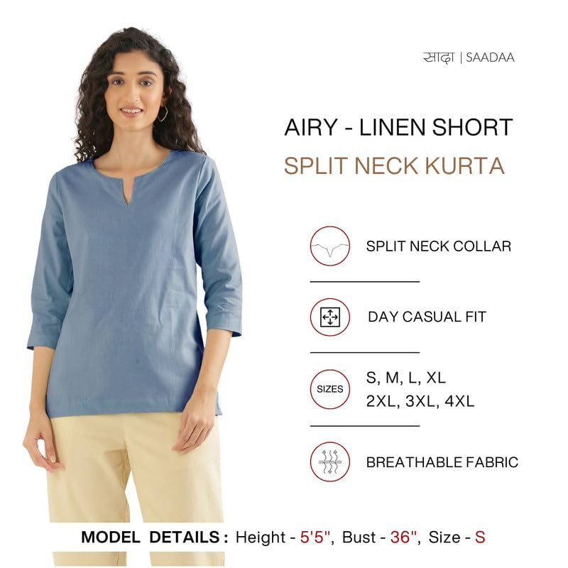 Image of SAADAA Airy Linen Split Neck Short Kurta for Women | Casual & Office Wear | 3 /4 Sleeves, Comfortable Fit | Elegant Top | Lightweight & Breathable Fabric |