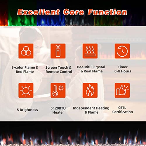 Erommy 100 Inch Electric Fireplace Inserts,Recessed And Wall Mounted Fireplace Heater,Silence Linear Fireplace With Timer,Remote Control,Overheating Protection,9 Colors Adjustable Led Flame,750/1500W #TOP4
