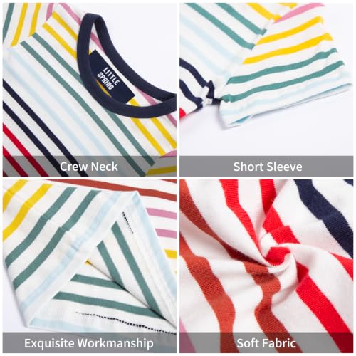 Image of LittleSpring Boys Girls T Shirt Rainbow Striped Cotton Crewneck Tees for Kids Fashion