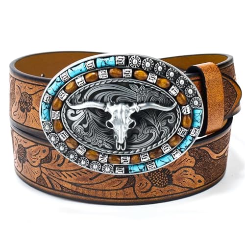 Western Belt for Women Men Cowboys Cowgirls Carving Leather Country Belts Bullhead Buckles