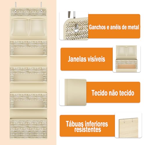 Organizador Suspenso de 5 Prateleiras Sobre a Porta de 2 Peças, Organizador de 4 Bolsos Grandes com