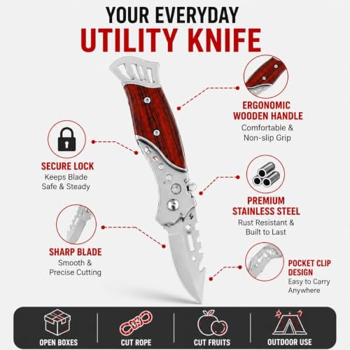 Image of Folding Utility Cutter, Stainless Steel Blade with Wooden Handle, Compact Folding Knife for Fruit & Vegetable Cutting, Package and Carton Opening