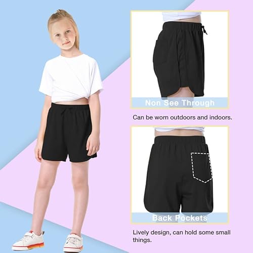 Dotdog Girls Athletic Shorts Cotton Active Running Short Drawstring Elastic Waist Casual Shorts For Girls 3-12 Years Black #TOP1