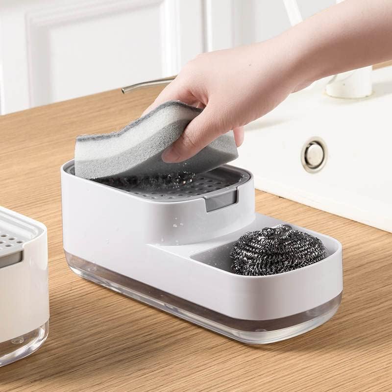 3-in-1 Kitchen Soap Dispenser with Sponge Holder & Hollow Tray Scratch Wire Dish Cloth for Sink & Wash Basin Durable Rustproof Plastic Dish Soap Dispenser Kitchen Accessories for Home-image-0