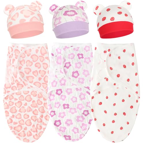 Image of DRESHOW BQUBO 3 Pack Newborn Baby Swaddle Blanket with Hats Infant Adjustable Velcro Swaddling Wraps with Bear Ears Cap for 6-12 Lbs Newborns & 0-3 Months Girls Boys