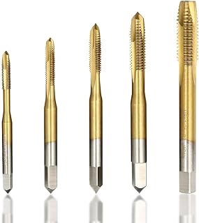 Kigauru 5Pcs Spiral Point Threading Tap High Speed Steel 6542 Metric Spiral Flute M3x0.5, M4x0.7, M5x0.8, M6x1.0, M8x1.25 Machine Tap Set Abrasion Titanium Coated Thread Tapping Tool