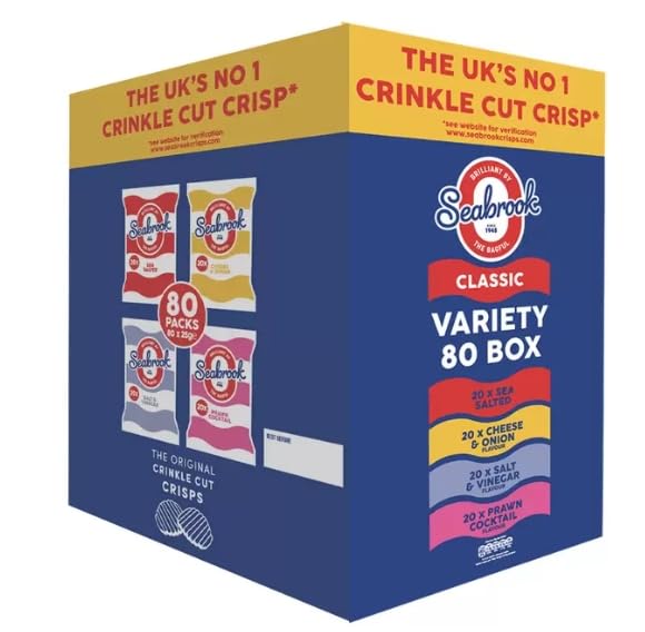 SeabrookVariety Box, 80 x 25g – Assorted Flavours of Classic British Crinkle Cut Crisps, Perfect for Lunchboxes, Sharing, Vending & On-the-Go Snacking, Gluten-Free & Vegetarian Friendly
