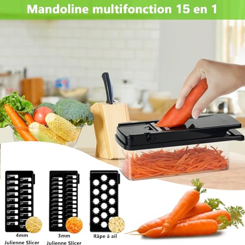 Foto von Gemüseschneider, IDIQIB Gemüsehobel mit Edelstahl Klingen 15 in 1 Multifunktion Mandoline Zwiebelschneider und Obstschneider für Hobeln von Obst und Gemüse, Karotte, Kartoffel
