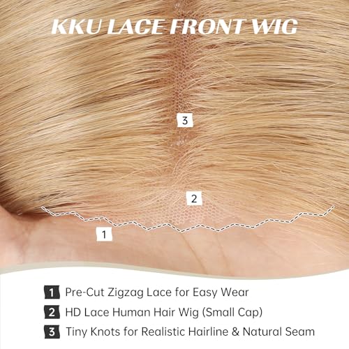 Image of KKU 5x5 Lace Front Human Hair Wig, Double Breathable Lace with Skin-Friendly Silk Base and Non-Slip Silicone Grips, Middle or Parted Natural Hairline Wigs for Women (16 Inch, Blonde)