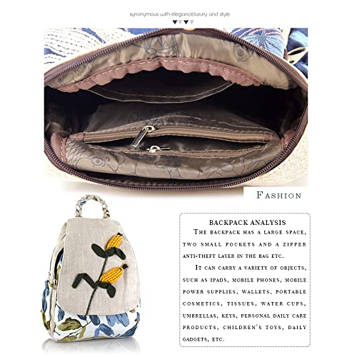 Image of Womens Boho Cotton Hemp Cloth Backpack Boho Vintage Embroidered Casual Purse Handbags Messenger Bag Green Leaf