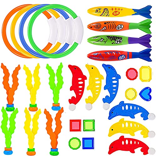 Wybtbm 28pcs Juguetes de Buceo, Juego bajo el Agua, Anillo de Piscina de natación Juguete Bolas Bandidos Torpedo para niños