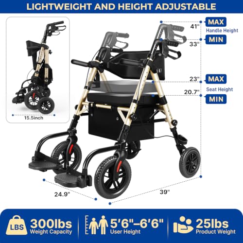 Image of Foldable Walker for Seniors with Seat, 25lb Lightweight Rollator Wheelchair
