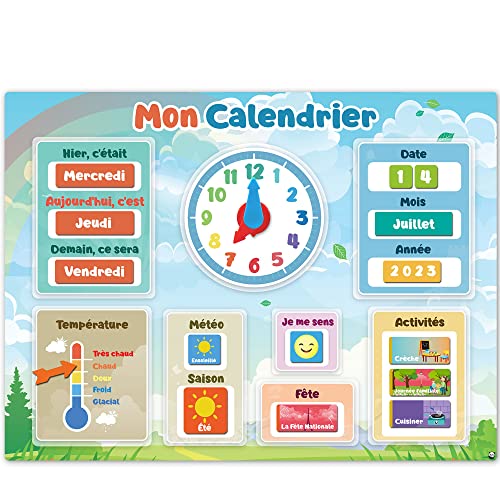 Mon Premier Calendrier par SmartPanda – Jeu Éducatif Magnétique pour Enfants – Comprend Une Horloge, Une Station Météo et des Émotions – pour Garçons et Filles, Mur ou Frigo – 30x40cm, en Français