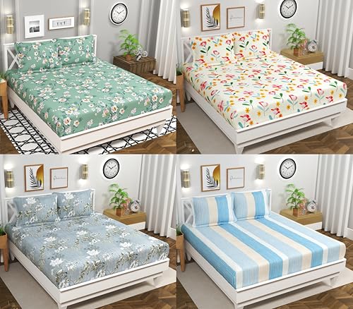Image of HOMEKART Prime+ Soft Microfiber Double Bedsheet Set | Pack of 4 Bedsheets & 8 Pillow Covers | 120 TC, Wrinkle-Free, |Size 220x218 cm | Modern Printed Designs in Green & Grey & White